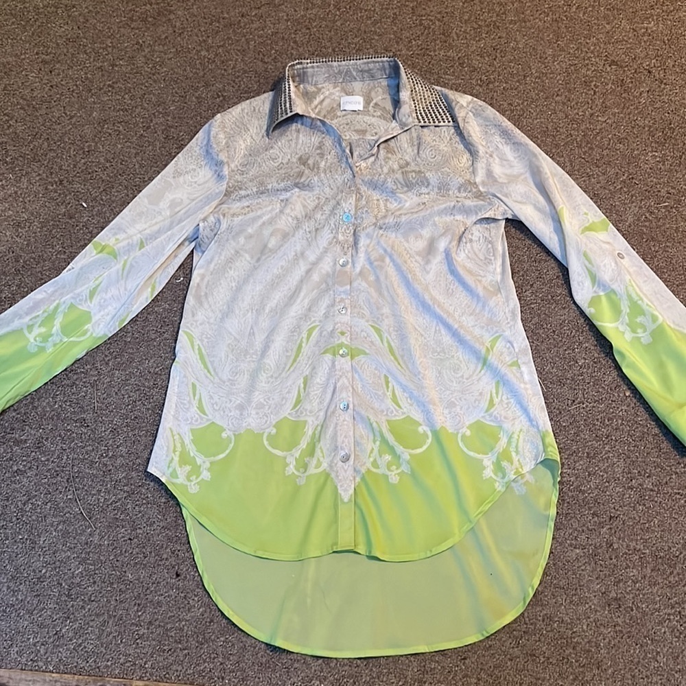 Chico’s Silk Button Tunic Sequin Collar Blouse size Large